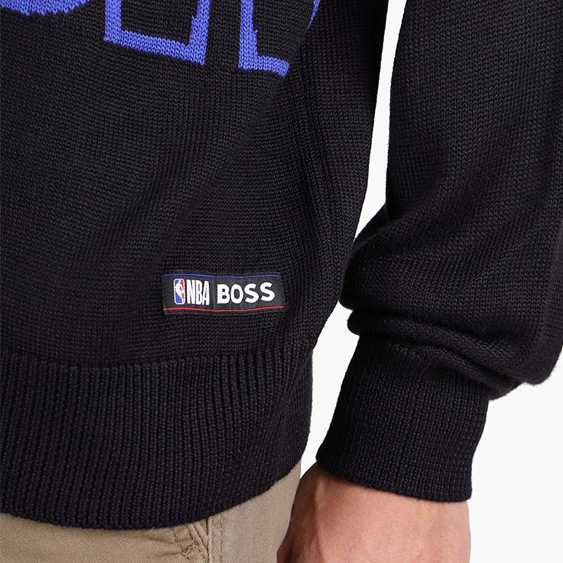 HUGO BOSS Men Knit NBA Relaxed Fit Sweater in Black with Dual Branded Intarsia - Lovelo Room