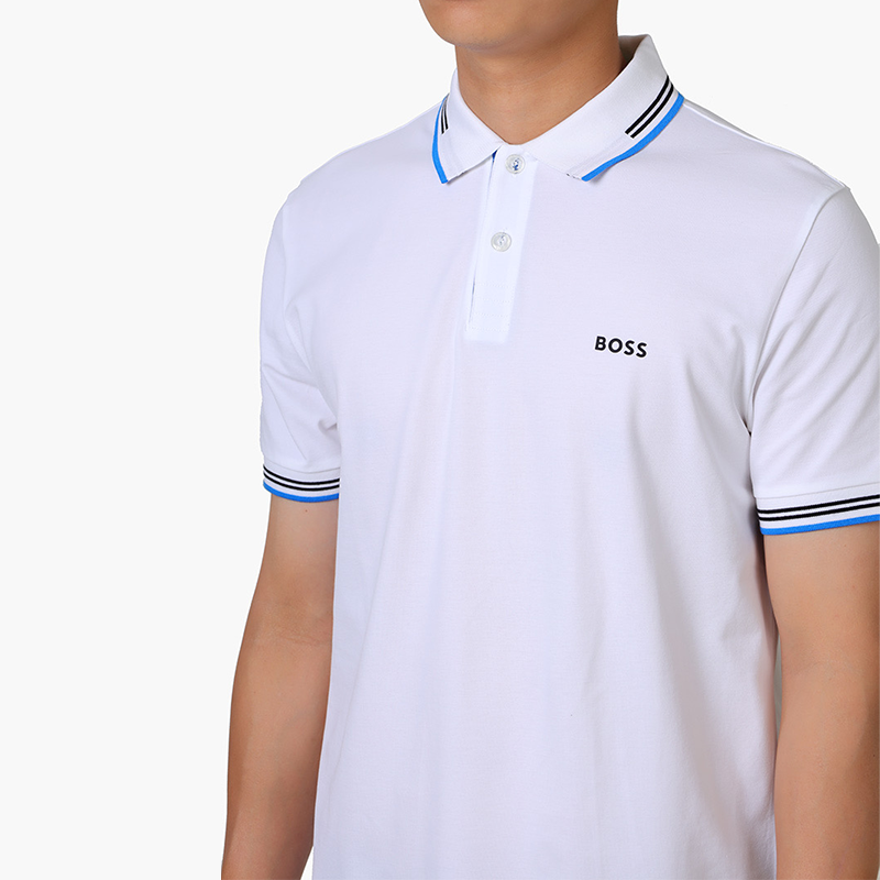 HUGO BOSS Men Paul Stretch Cotton Slim Fit Polo Shirt in White Blue with Logo - Lovelo Room