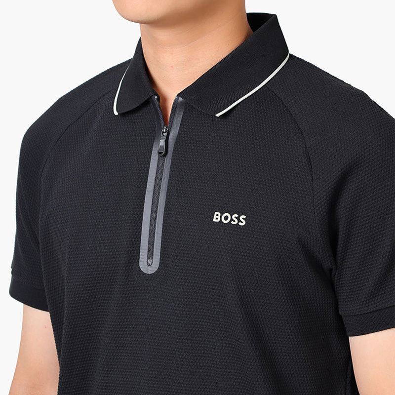 HUGO BOSS Men Philix Structured Cotton Polo Shirt in Black with Contrast Logo - Lovelo Room