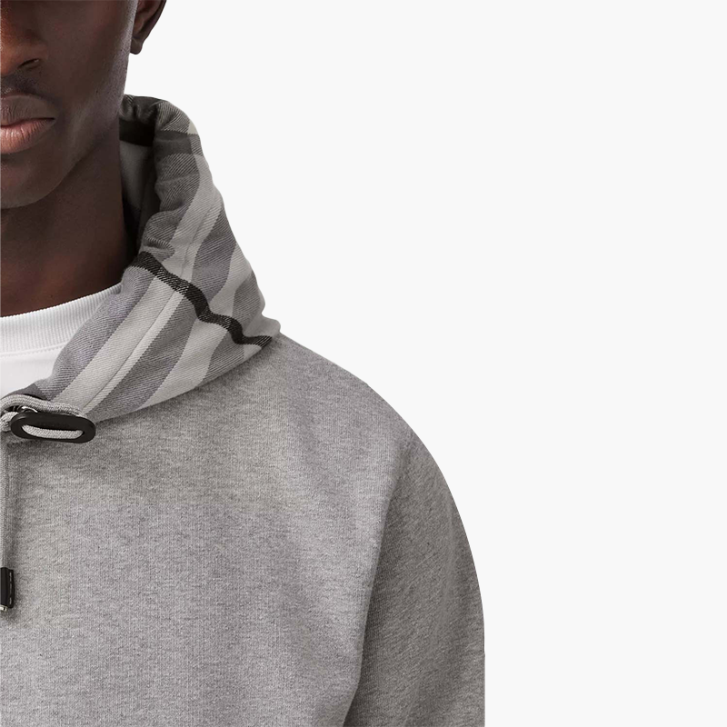 BURBERRY Men Check Hood Cotton Sweatshirt in Pale Grey Melange with Hoodie