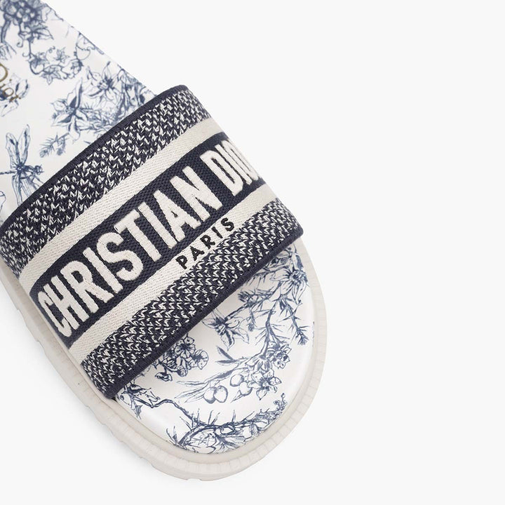 CHRISTIAN DIOR Dway Toile De Jouy Flowers Embroidered Slide Sandals in Deep Blue - Lovelo Room
