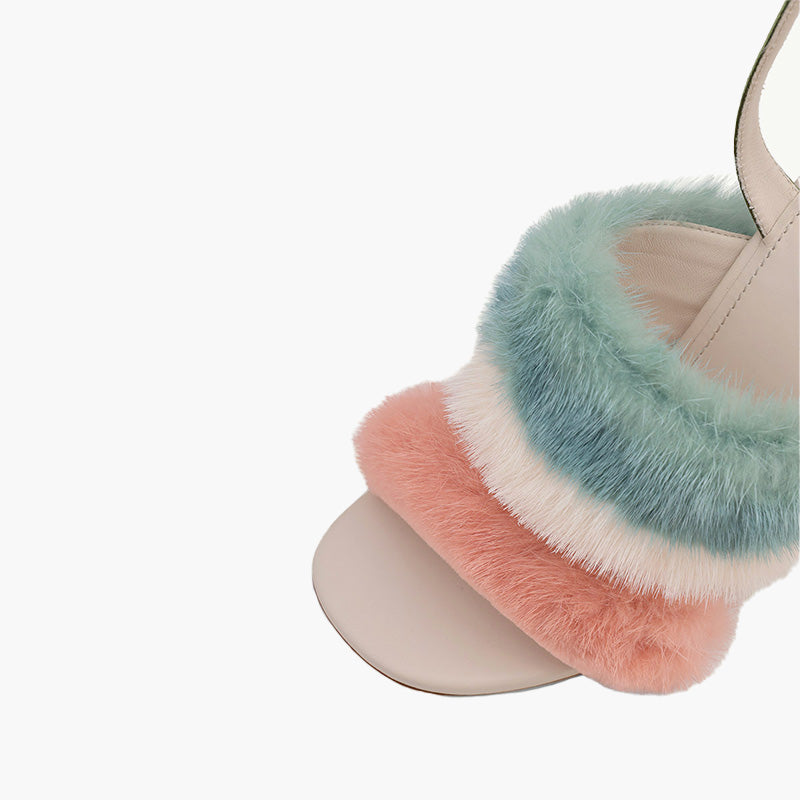 FENDI Woman First Ankle Strap Sandals 95mm in Pink or White or Teal Mink with Diagonal F Transparent Heel - Lovelo Room