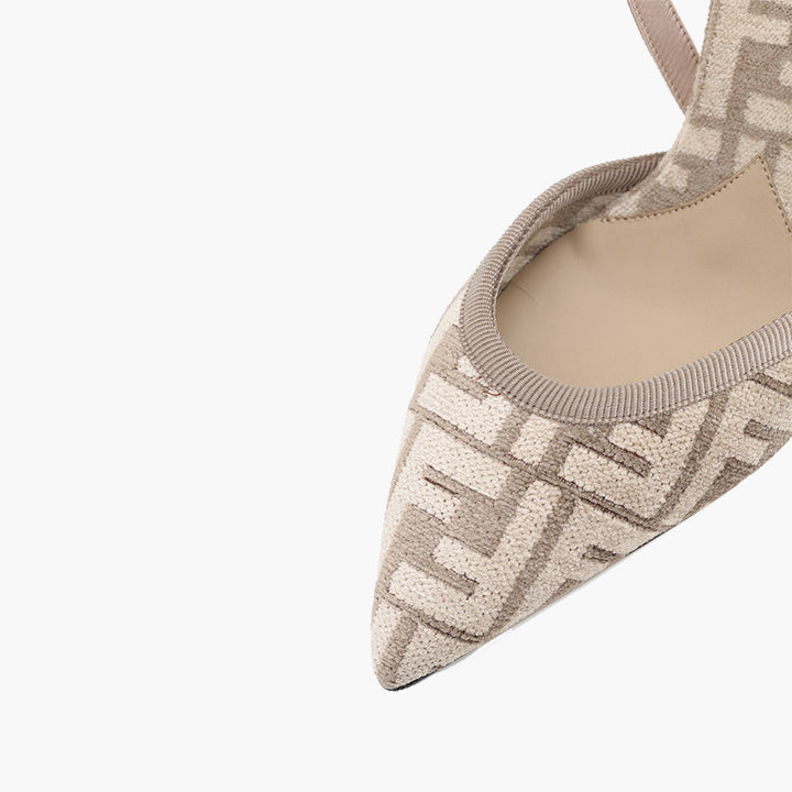 FENDI Women Colibri Lite Chenile Slingback Pumps 85mm in Dove Grey/Beige FF Logo Pattern - Lovelo Room