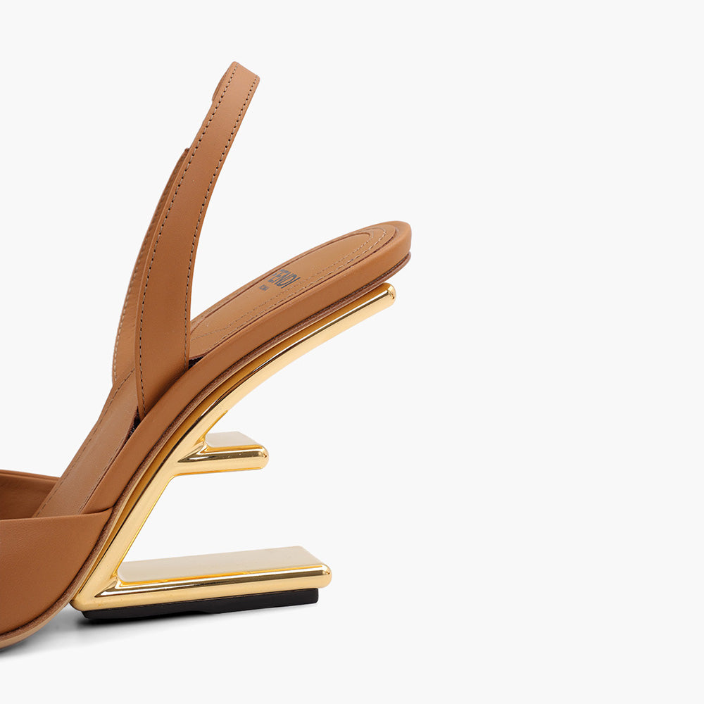 FENDI Women First Slingback Pumps 95mm in Brown Leather with Diagonal F-Shaped Heels - Lovelo Room