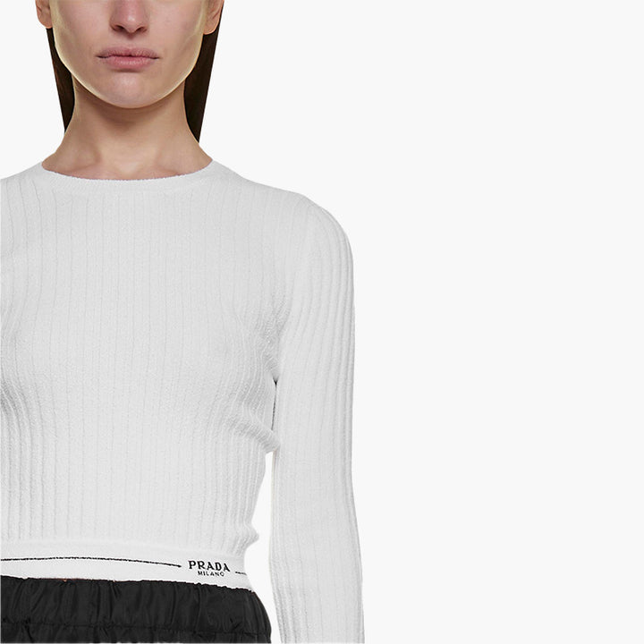 PRADA Women Logo on Bottom Crewneck Jumper in White - Lovelo Room