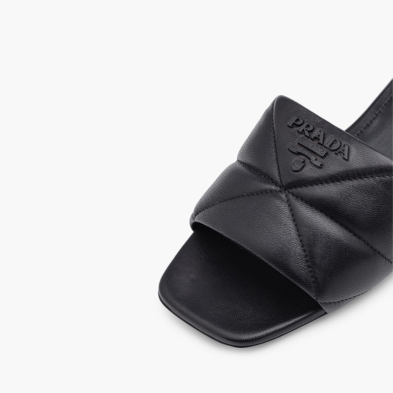 PRADA Women Logo Quilted Sandals in Black Nappa Leather - Lovelo Room