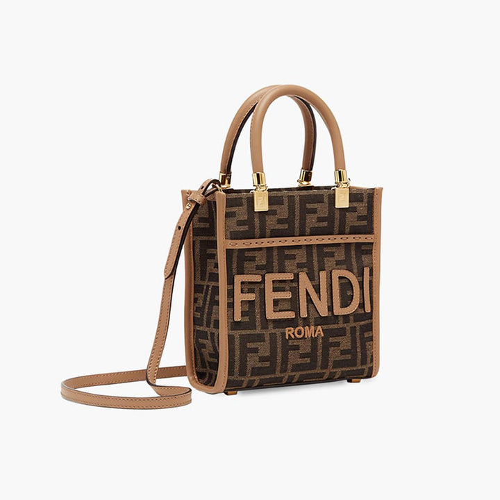 FENDI Small Sunshine Fendi Roma Shopper Bag in Brown/Sand Fabric with Jacquard FF Motif - Lovelo Room