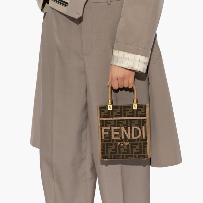 FENDI Small Sunshine Fendi Roma Shopper Bag in Brown/Sand Fabric with Jacquard FF Motif - Lovelo Room