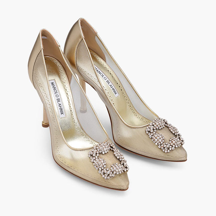 MANOLO BLAHNIK Hangisi 50th Anniversary 10.5cm Pumps in Gold Mesh with Gold Crystal - Lovelo Room