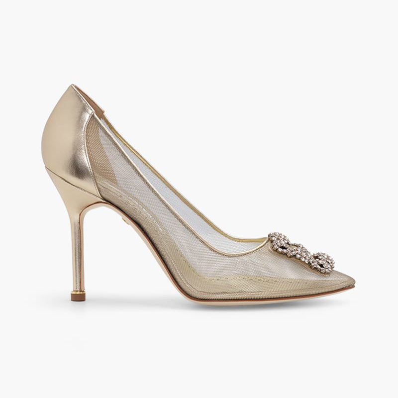MANOLO BLAHNIK Hangisi 50th Anniversary 10.5cm Pumps in Gold Mesh with Gold Crystal - Lovelo Room